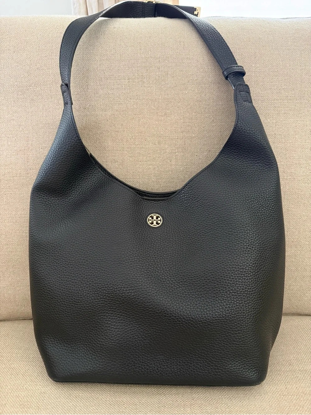 Tory Burch Black Pebbled Leather Hobo with Gold Logo